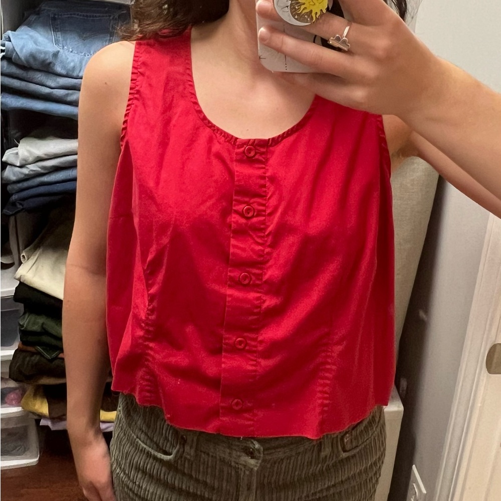 Basic Editions Red Button Down Boxy Cropped Tank Top